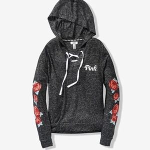 PINK Victoria's Secret Charcoal Hoodie with Red Rose Details